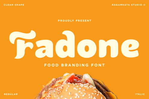 Fadone font display in creamy white on bright orange with fresh burger detail below