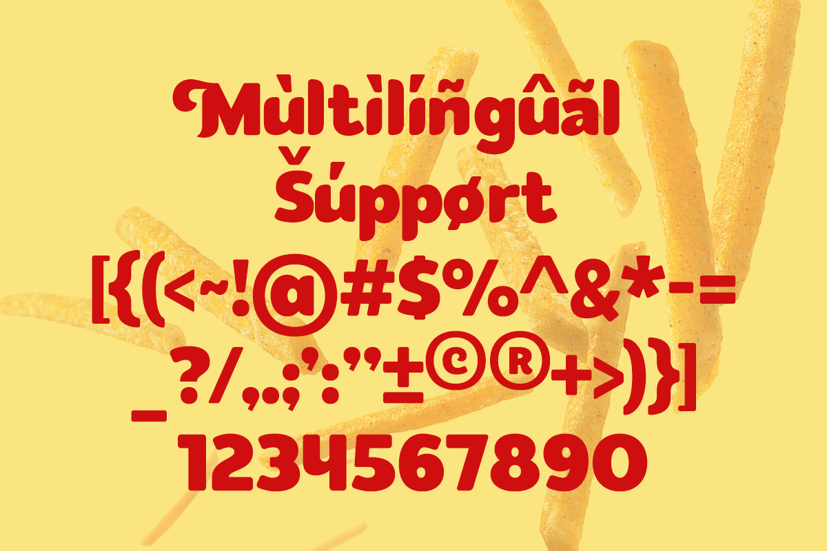 Bold red typeface showing multilingual support with special characters, numbers, symbols on yellow background