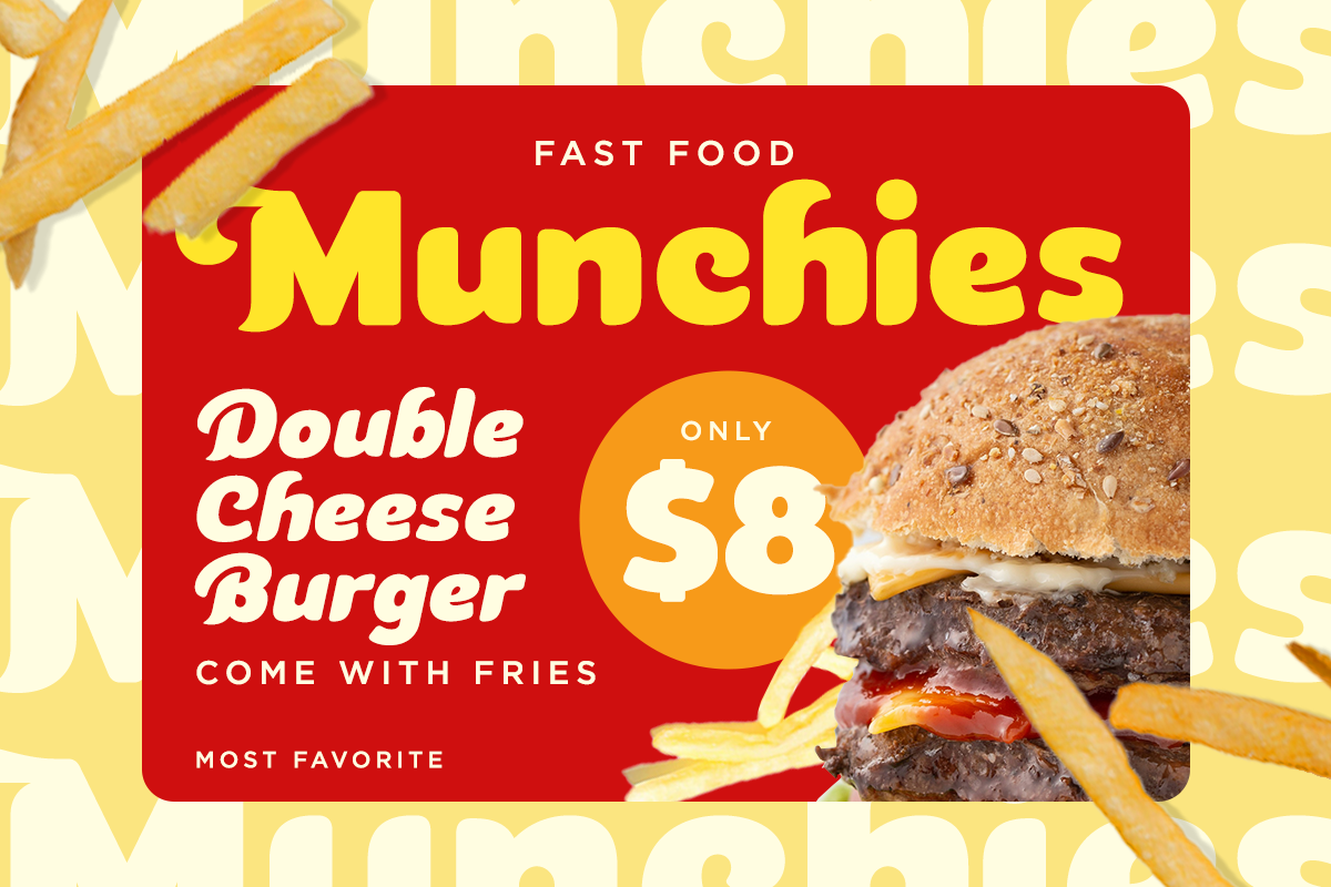 Retro fast food flyer for double cheese burger deal with fries, red banner, yellow text, price tag