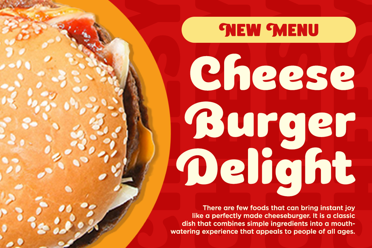 Sesame seed cheeseburger on yellow circle with red background promoting new menu item