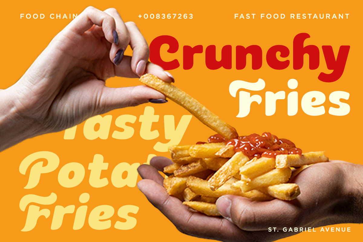 Hands holding golden fries with ketchup on bright orange background for fast food branding
