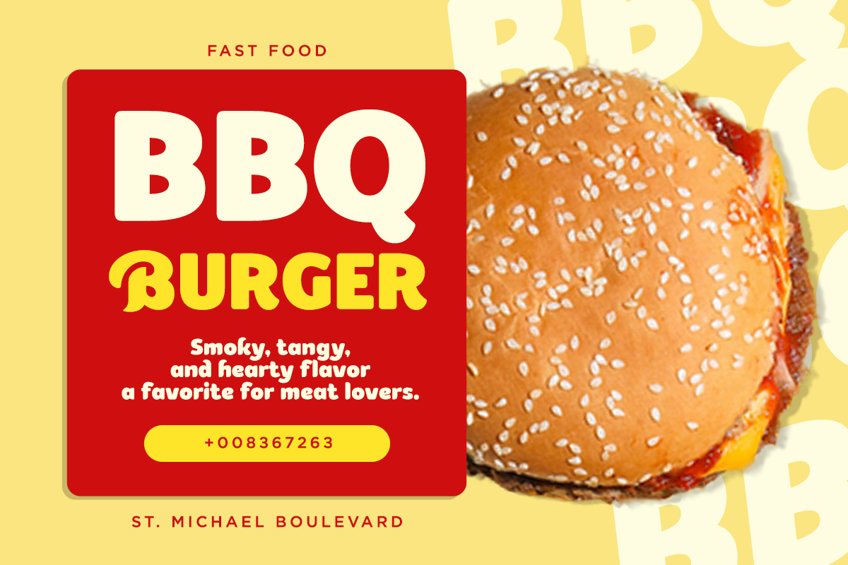 Retro BBQ burger flyer mockup with red card, sesame seed burger photo, yellow background