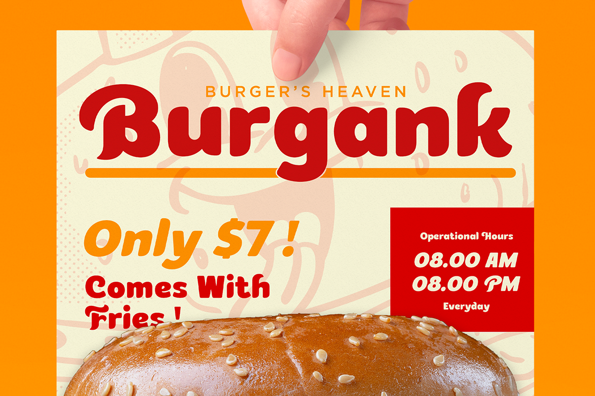 Retro burger joint flyer mockup with bold red typography, sesame bun close-up, orange accents, operational hours box