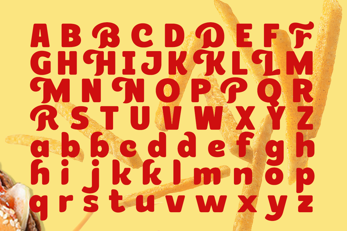 Bold red alphabet font on bright yellow background with breadstick styling