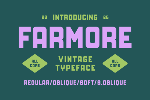 Farmore vintage typeface with bold pink letters, lime accents, 4 weights on teal background