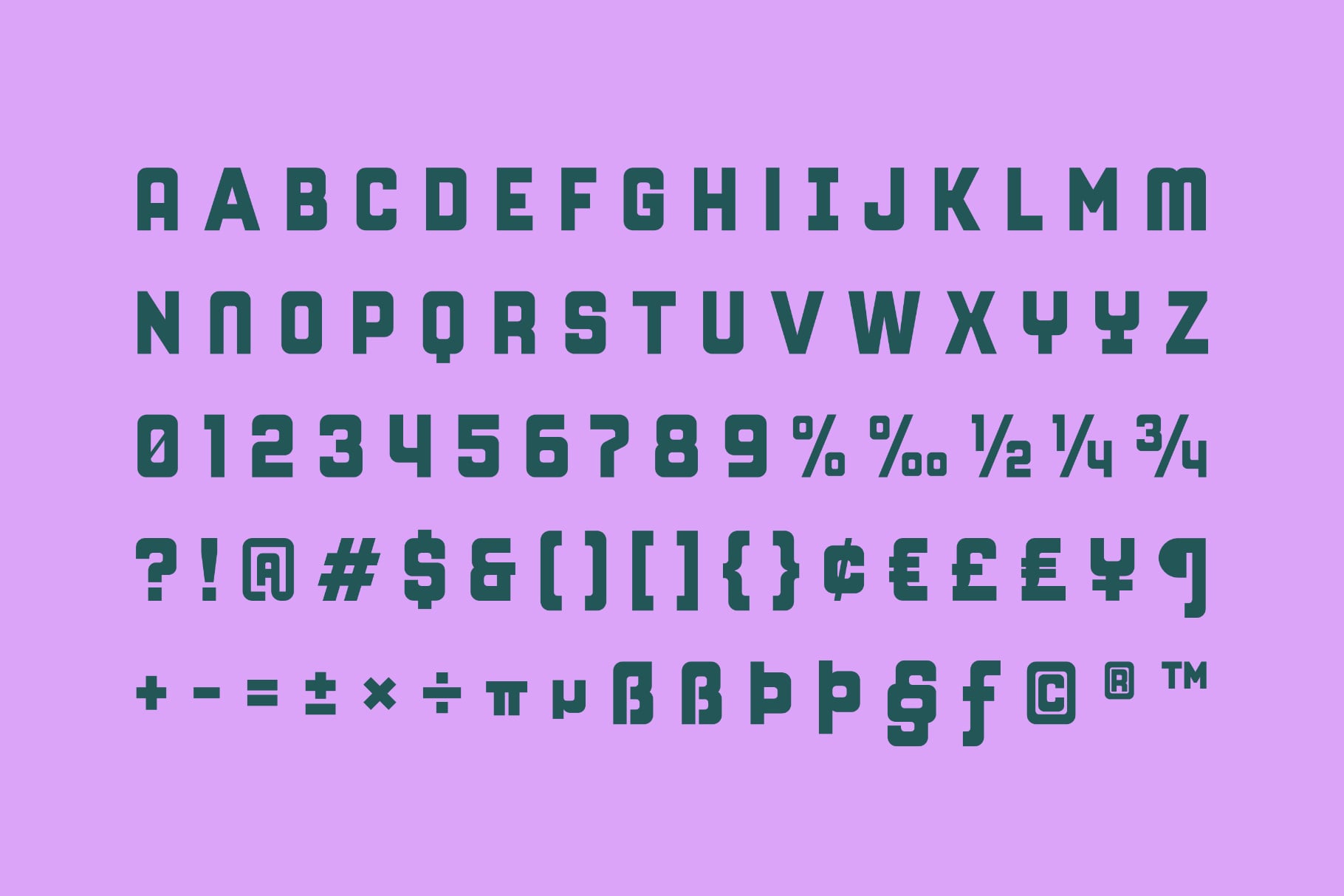 Bold geometric typeface with full character set on bright pink background
