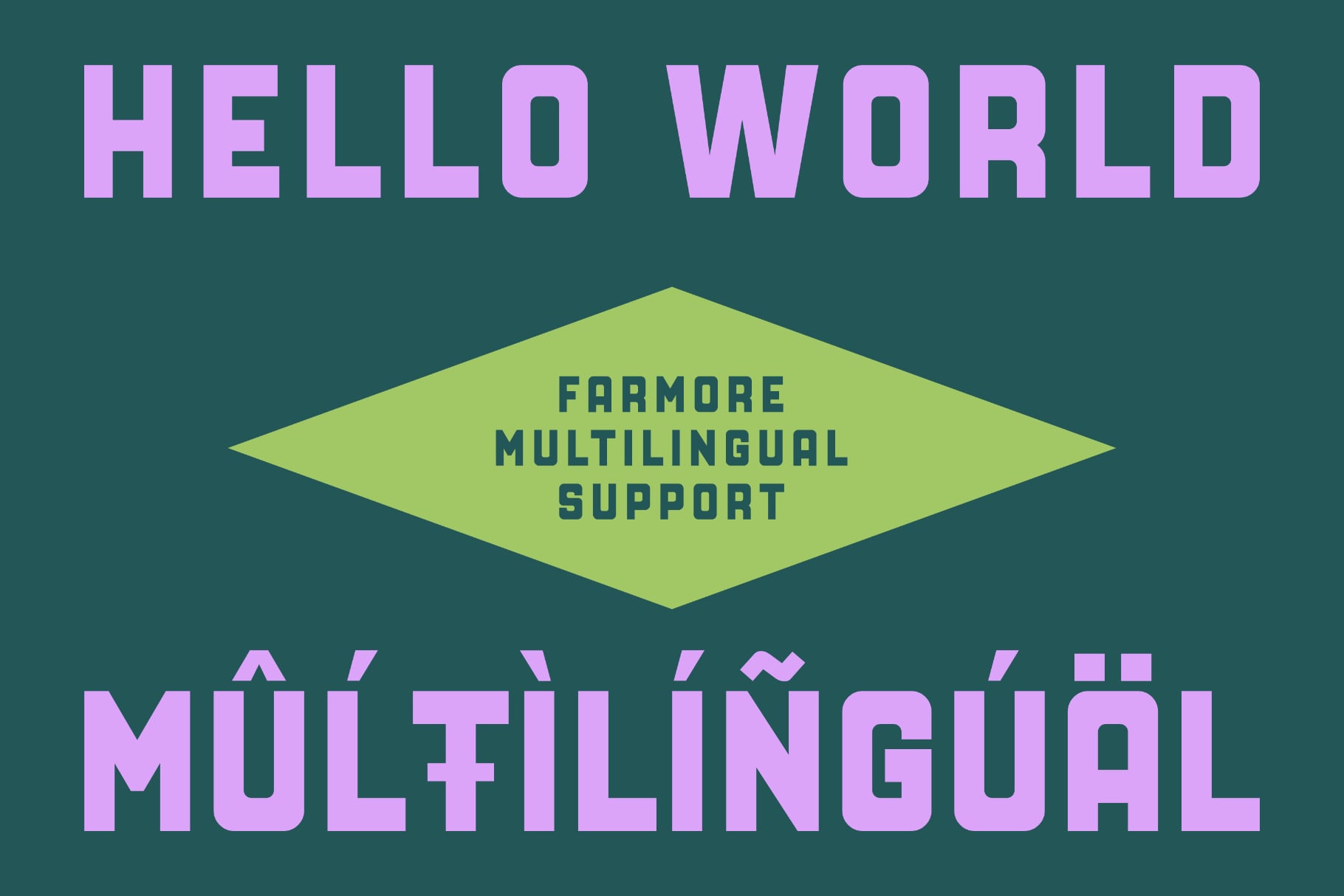 Bold retro poster with pink sans-serif type, yellow diamond shape, teal background, multilingual text