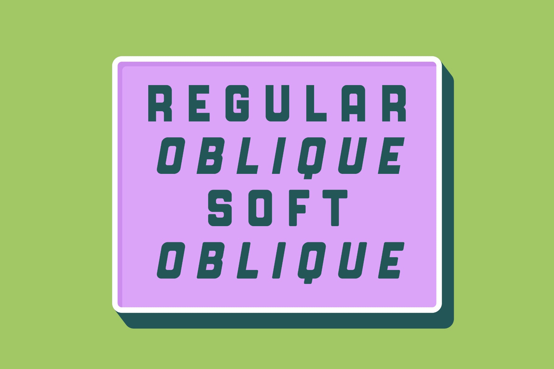 Retro 3D card showing Regular Oblique Soft Oblique font styles in dark teal on pink background