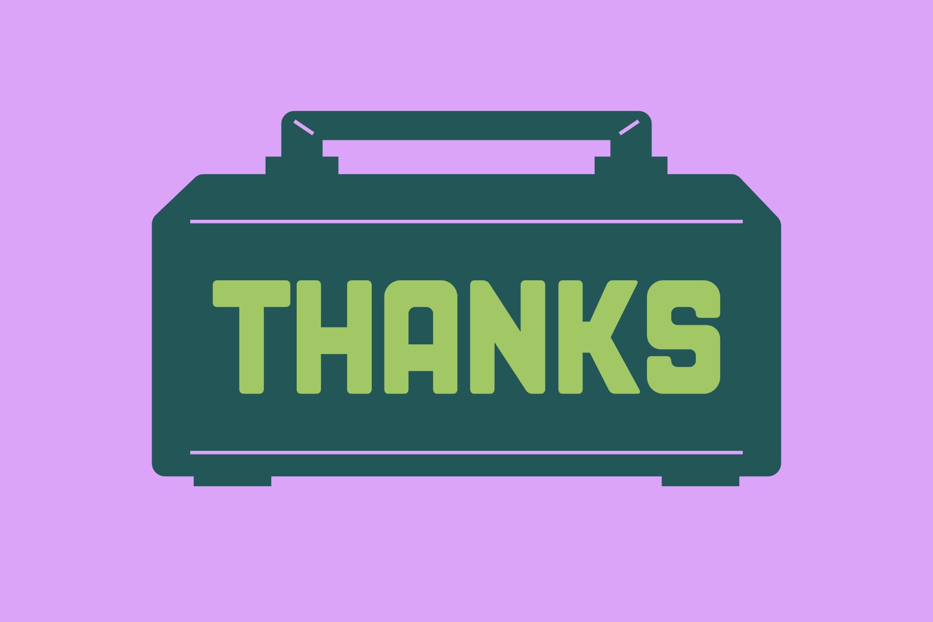 Retro briefcase with neon lime thanks text on teal against pink background