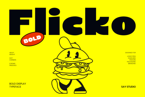 Flick typeface specimen with chunky black letters on bright yellow, quirky character holding burger