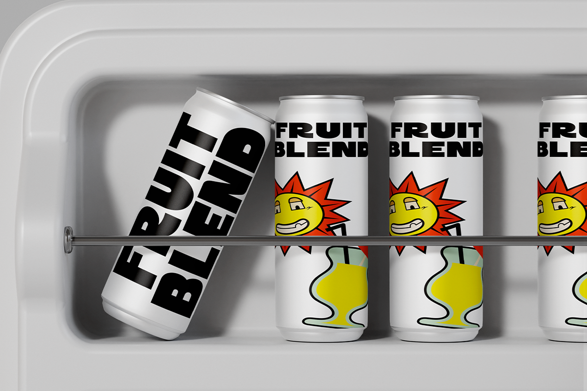 Beverage cans with bold typography displayed in a refrigerator shelf mockup