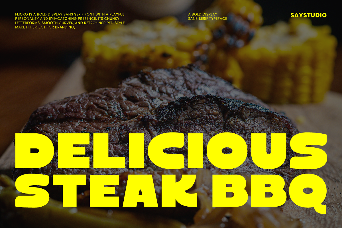 Flicko bold yellow font overlaid on grilled steak with blurred yellow sides in background