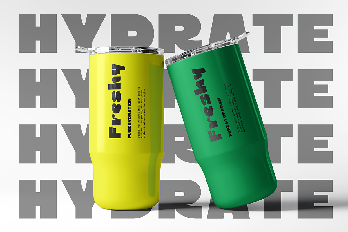 Neon yellow plus bright green insulated tumbler mockup with hydrate branding