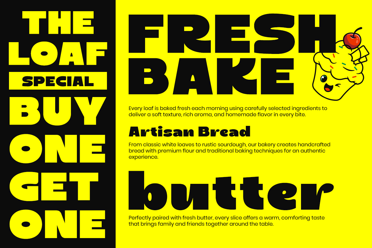 Bright yellow bakery promo with bold black text, cute bread character holding an apple, artisan bread offer details