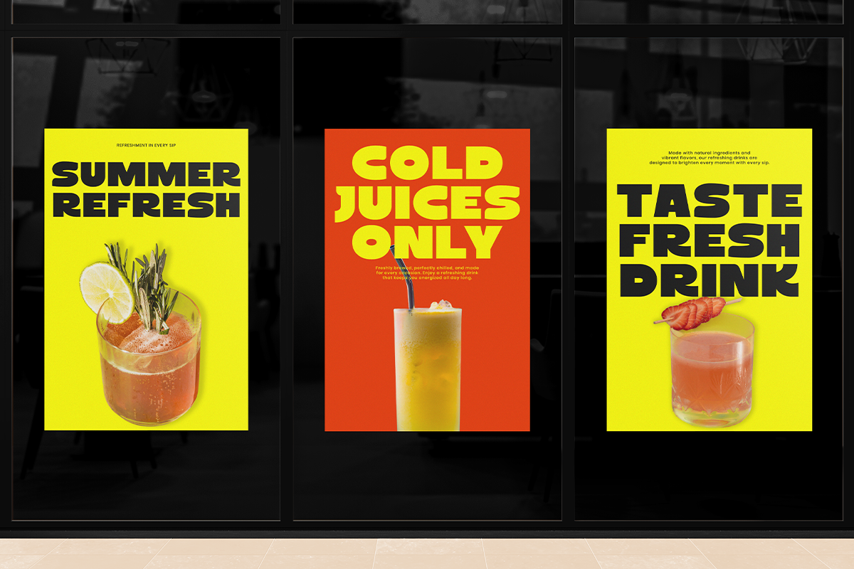 Three bright beverage posters with neon yellow, red backgrounds featuring drink photos, bold typography for summer refreshment campaigns