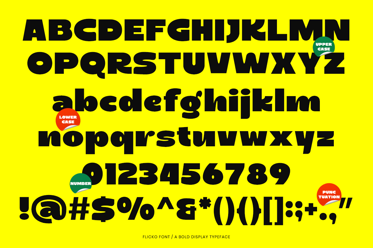 Flicko font specimen showing uppercase, lowercase, numbers, plus punctuation on bright yellow background