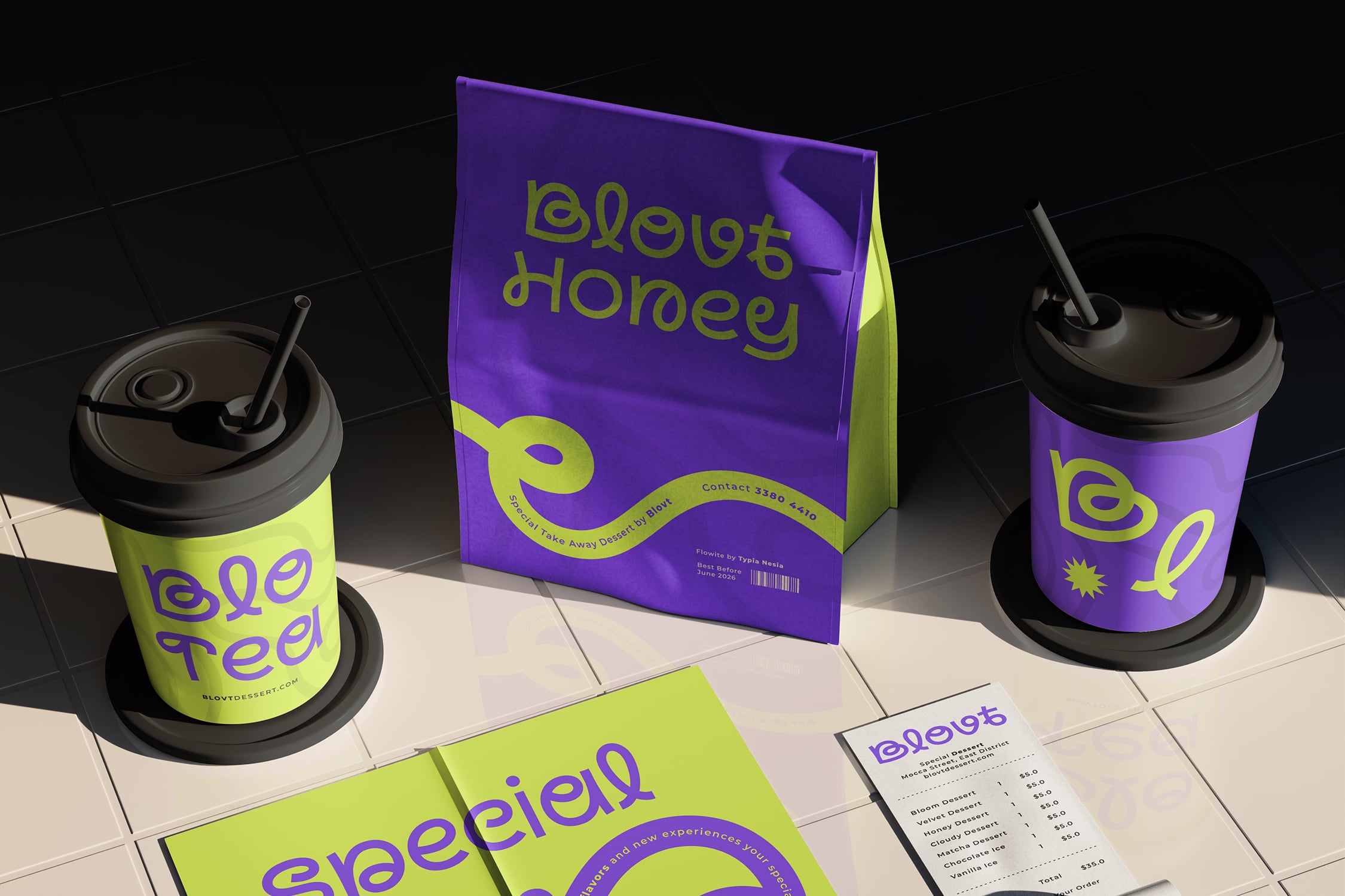 Bright purple neon lime branding mockup with cups, bag, menu, plus receipt on tiles