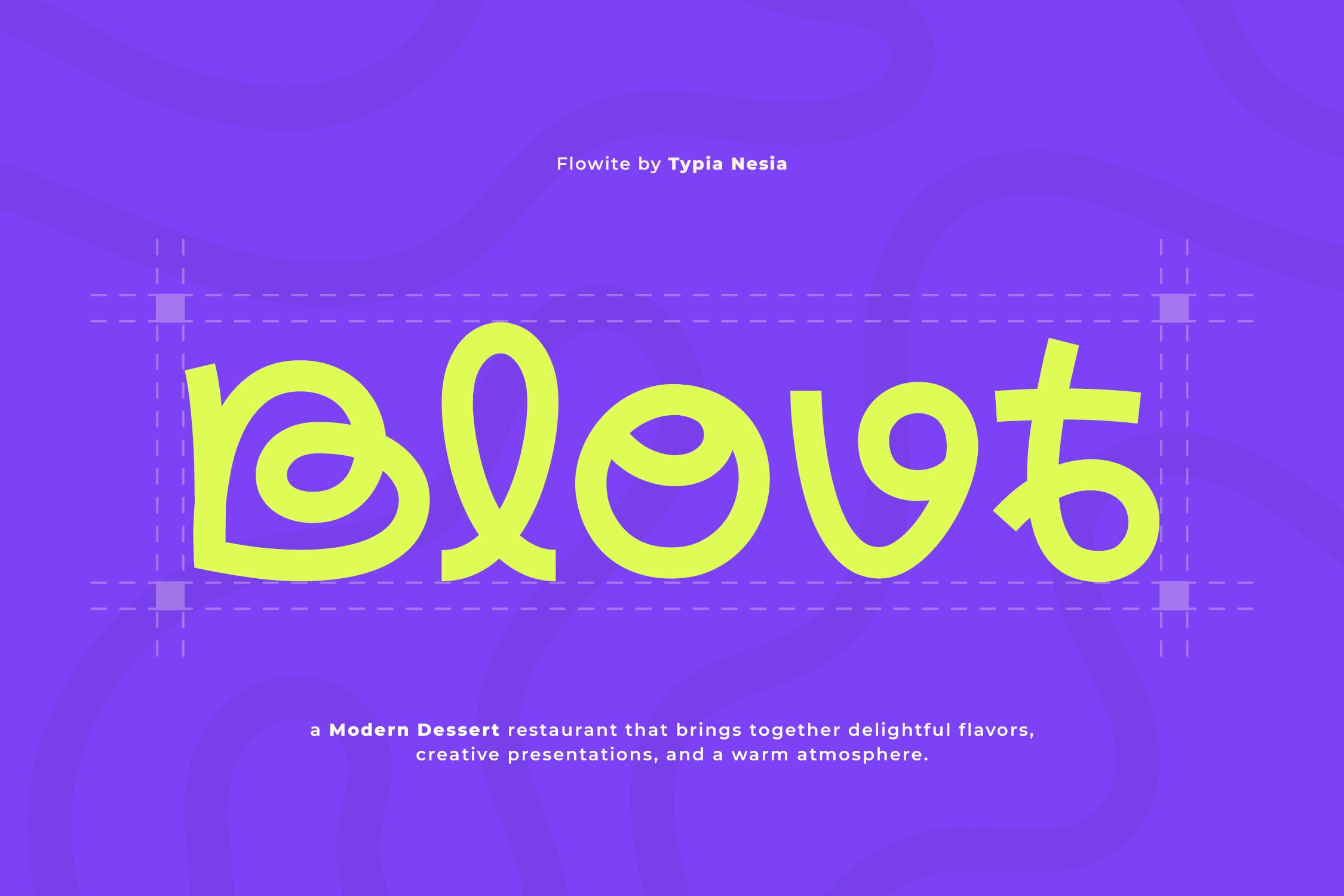 Flowite font displayed in neon yellow on vibrant purple background with grid overlay