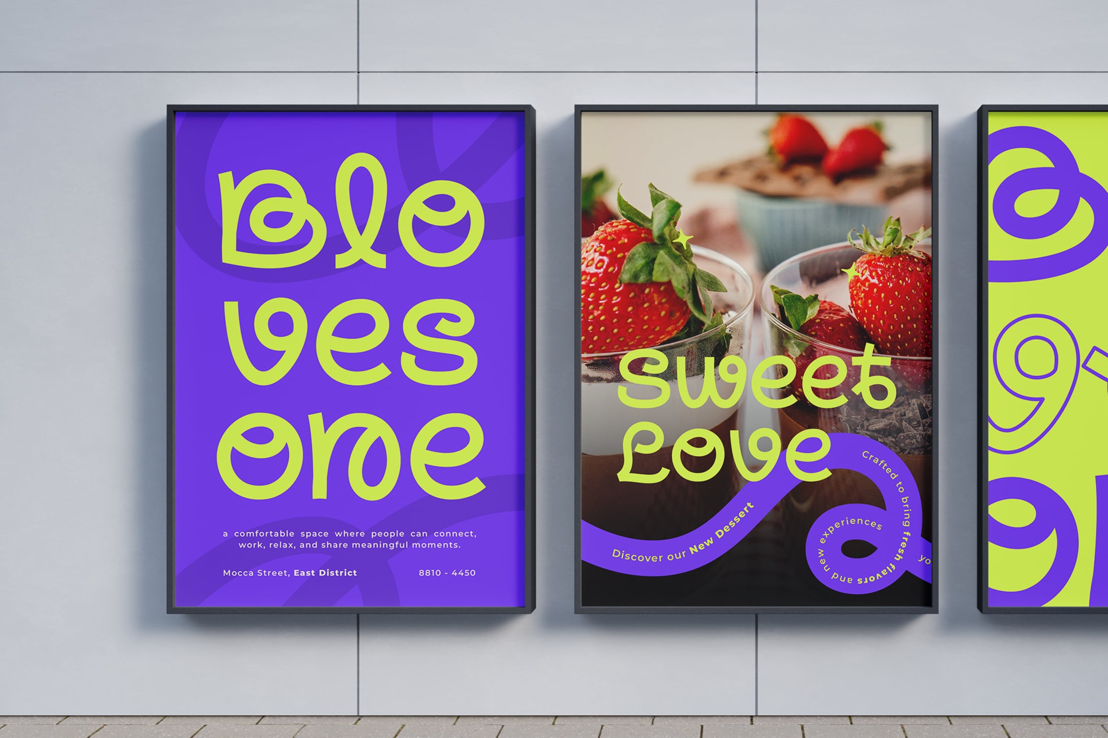 Vibrant poster mockup set with neon yellow type on purple, food photography, organic curves