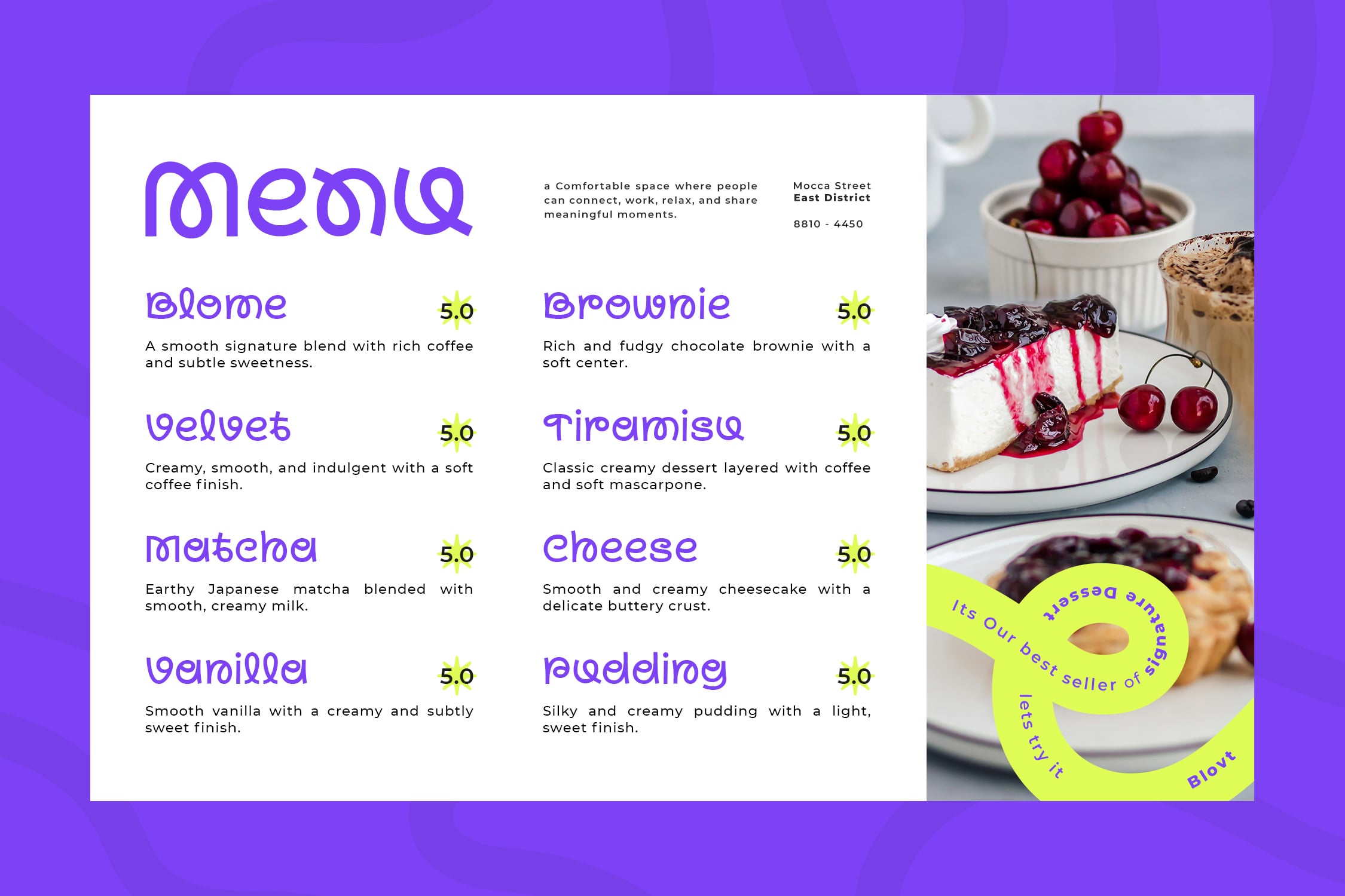 Mema cafe menu mockup with purple branding, dessert photos, ratings for 8 items
