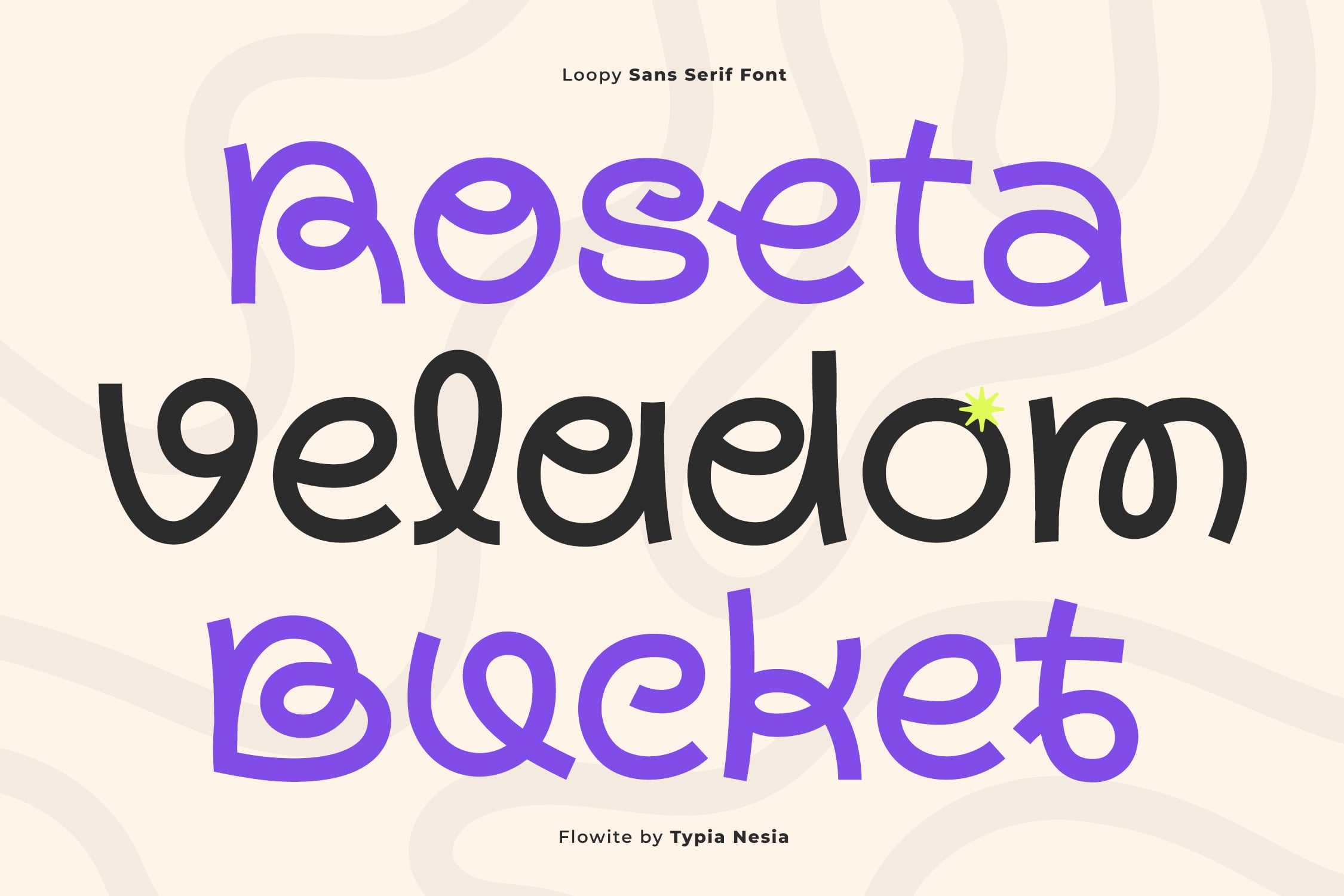 Loopy Sans Serif Font with bold purple, black, plus playful cutout letterforms on cream background