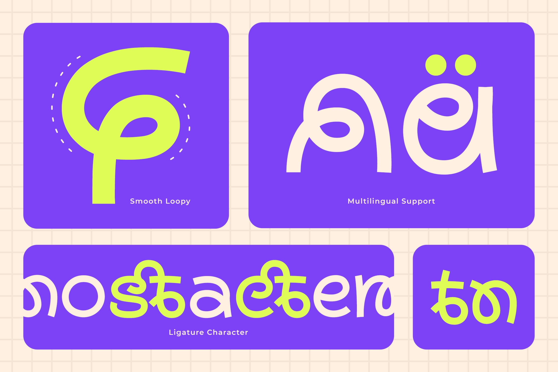 Bright purple font specimen cards showing neon yellow letterforms with multilingual characters, ligatures, plus cream-colored type samples