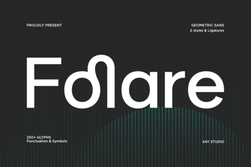 Folare geometric sans font with 2 styles, ligatures, 250+ glyphs on dark striped background