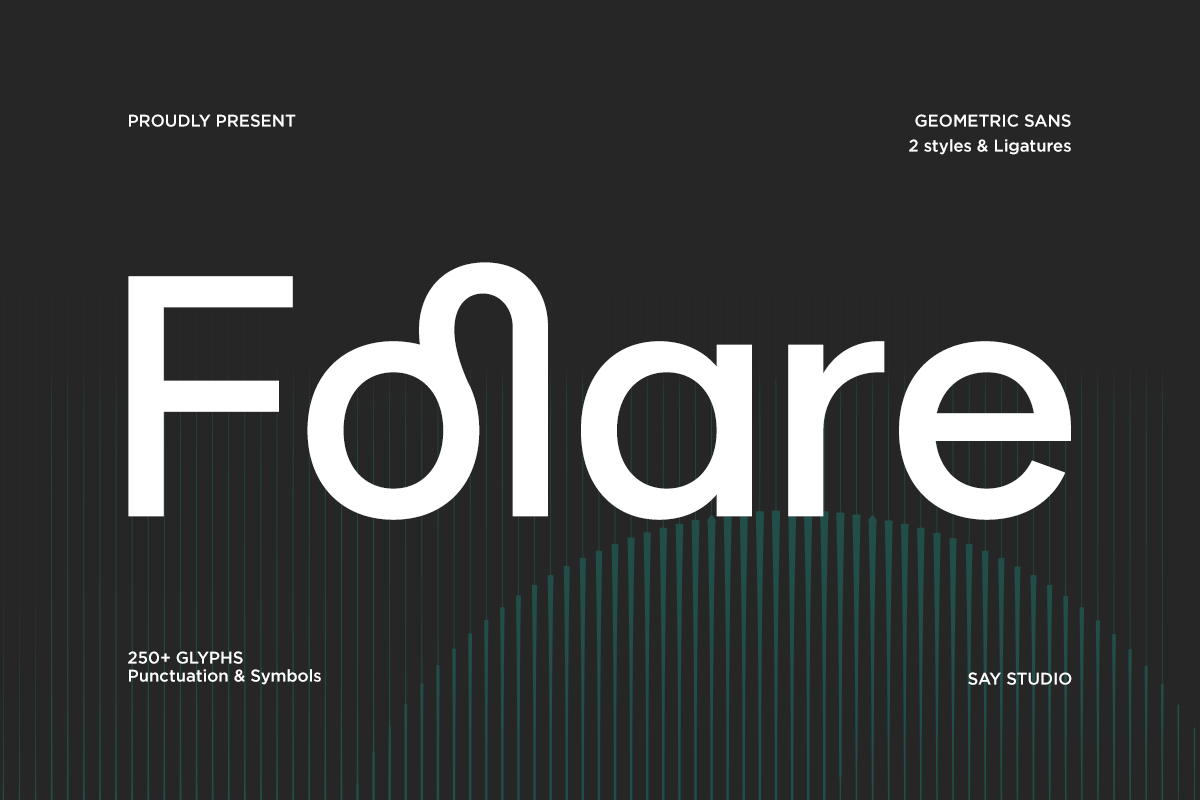 Folare geometric sans font with 2 styles, ligatures, 250+ glyphs on dark striped background