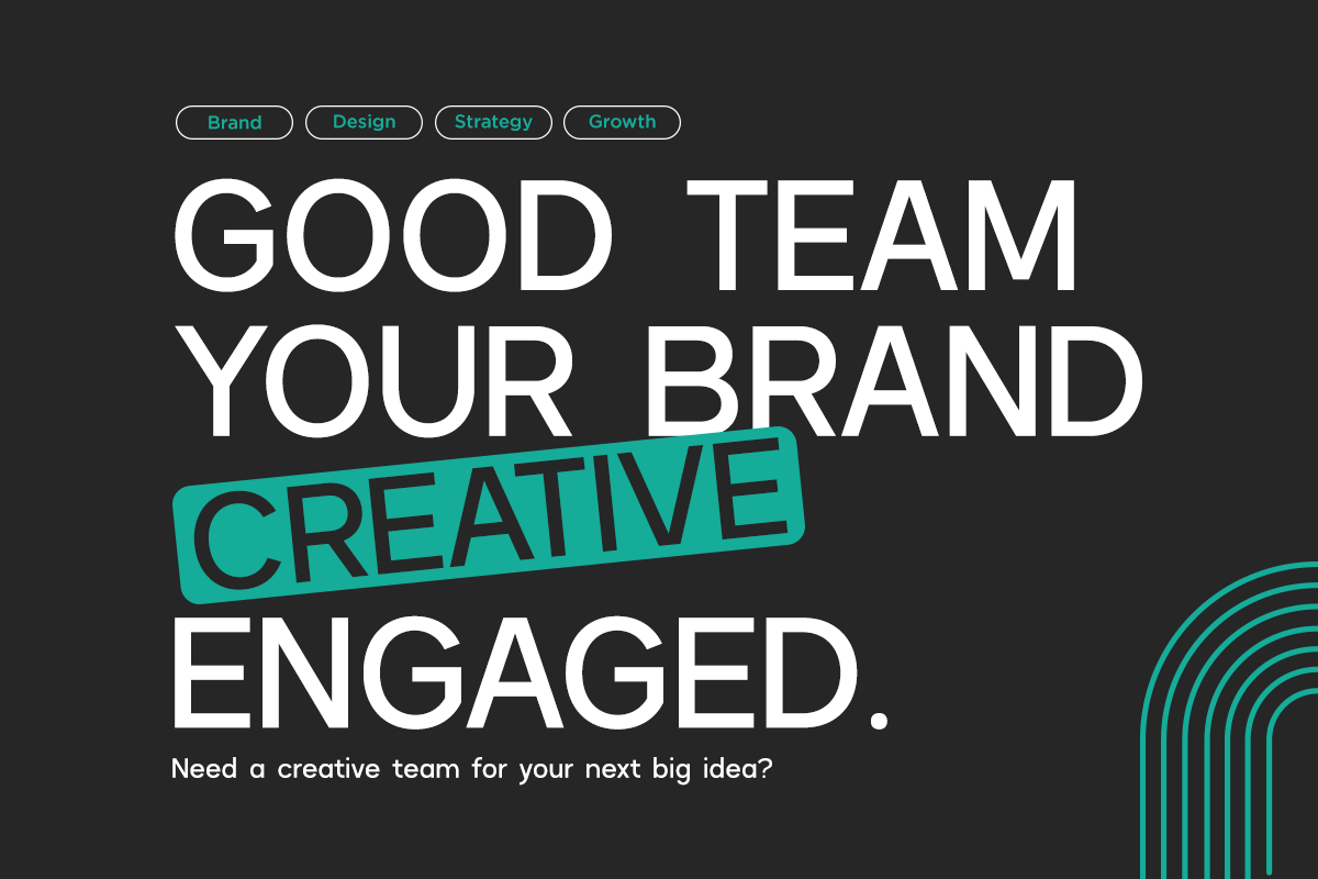 Bold typographic mockup with teal accents promoting creative team services on dark background