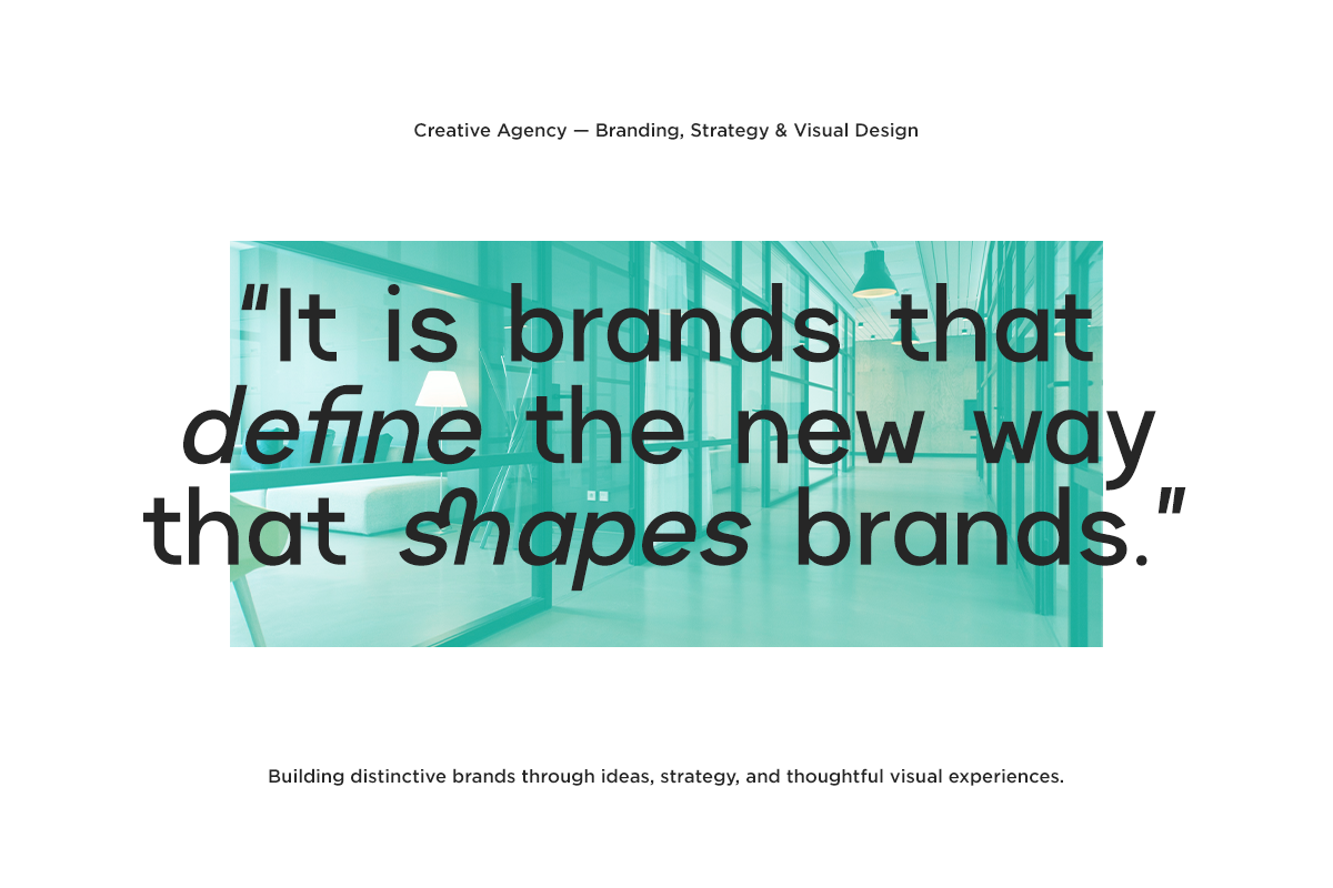 Bold quote about brands overlaid on turquoise office interior with modern design vibes
