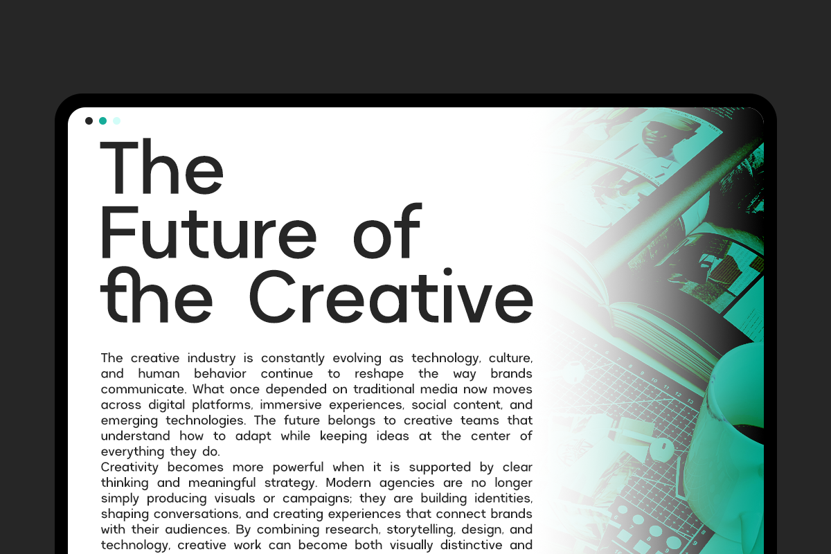 Browser window displaying essay titled "The Future of the Creative" with turquoise tech imagery