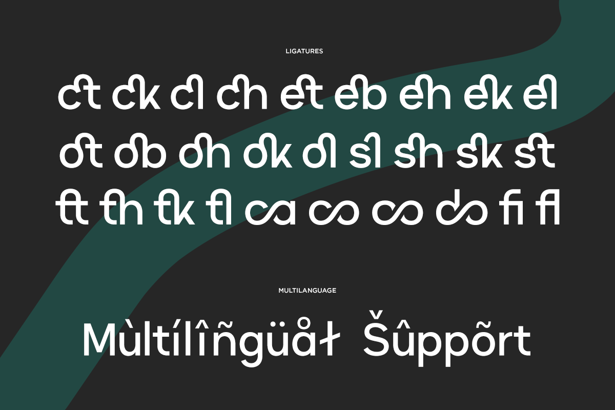 Font specimen showing ligatures with multilingual character support