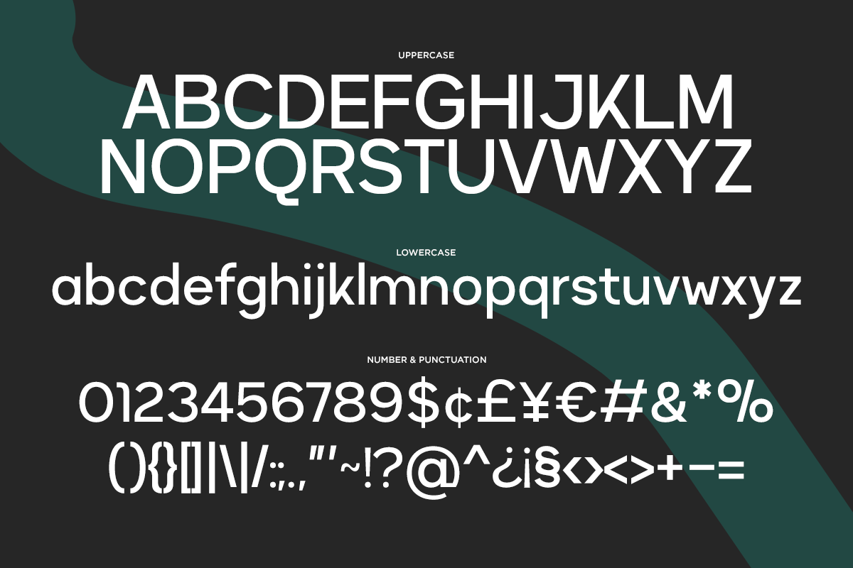 Clean sans serif font showing uppercase, lowercase, numbers with teal geometric background design