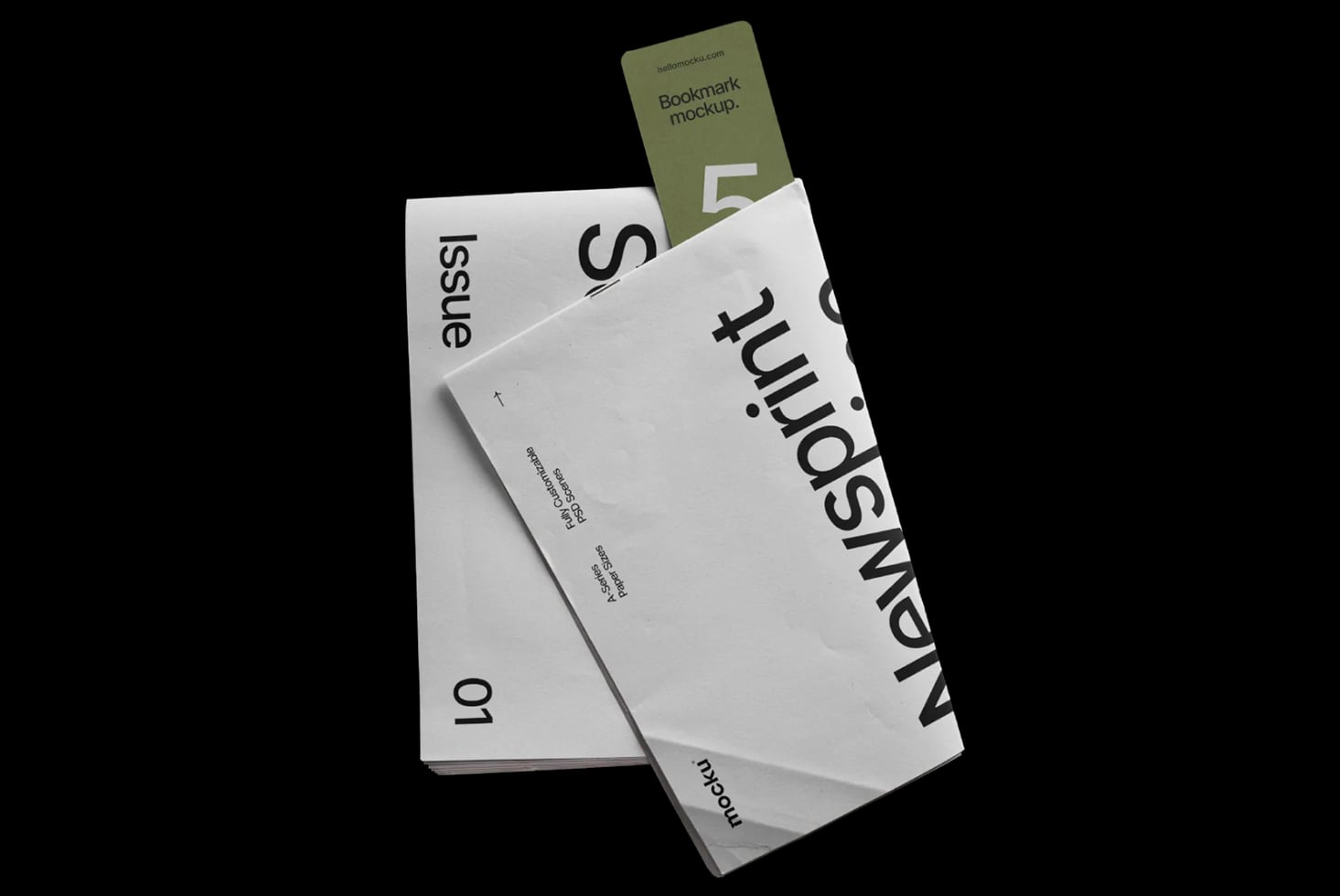 Stacked white envelopes with bold typography overlaid, olive green bookmark peeking out from top