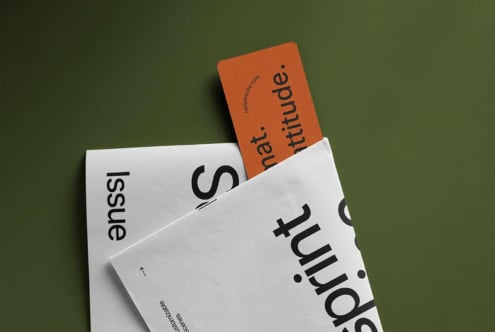 Stacked hang tags mockup with orange, white cards on sage green background showing branding layouts