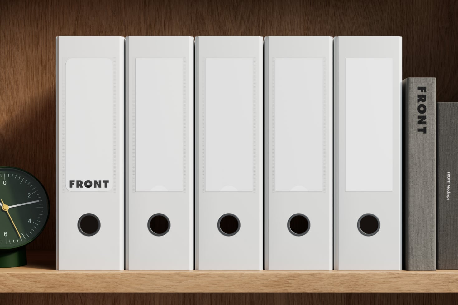 Five white binder boxes lined up on shelf with clock, ready for your branding