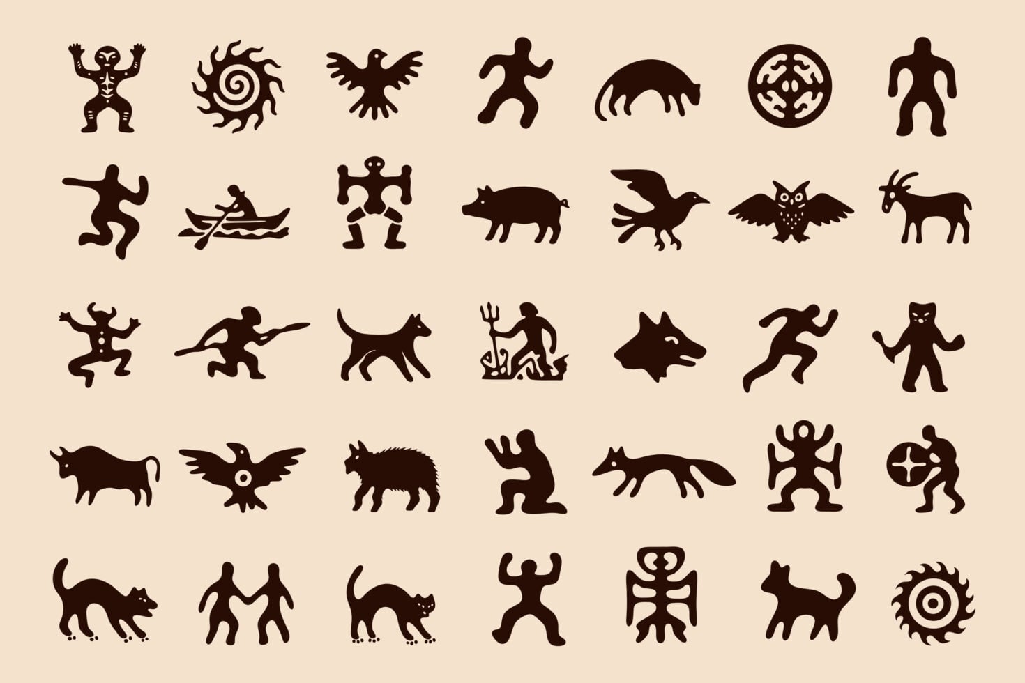 Tribal mythology icon set with demons, creatures, warriors, animals in solid black silhouettes