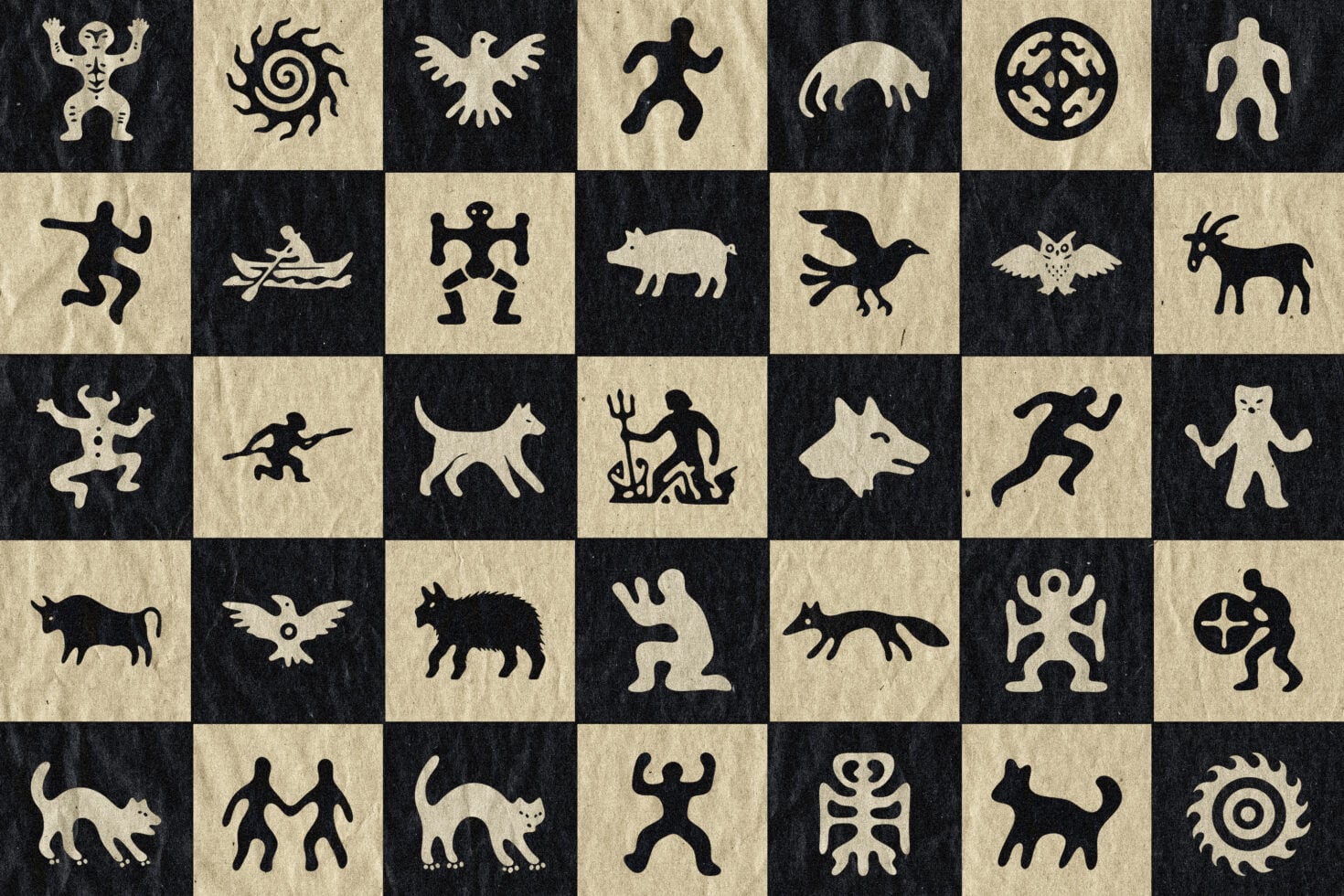 Grungy checkerboard grid packed with bold mythical creatures, humans, animals, geometric symbols in black silhouettes
