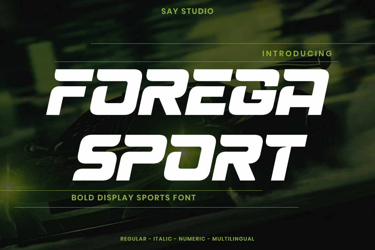 Forega Sport bold display font with thick white letters on blurred green sports background