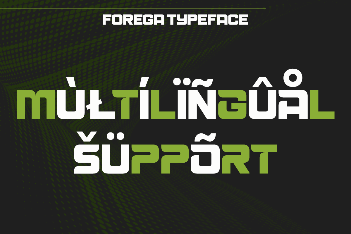 Forega typeface displaying multilingual support with lime green accents on dark background