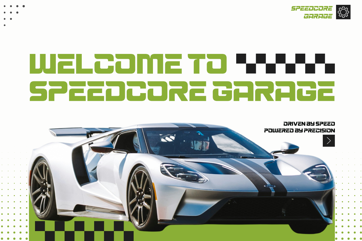White sports car with open door on green checkered racing graphic design layout