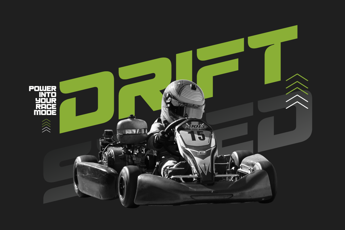 Go-kart racer in helmet on dark background with neon green drift text overlay