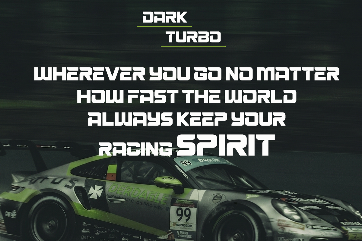 Dark Turbo racing car mockup with bold typography on moody textured background