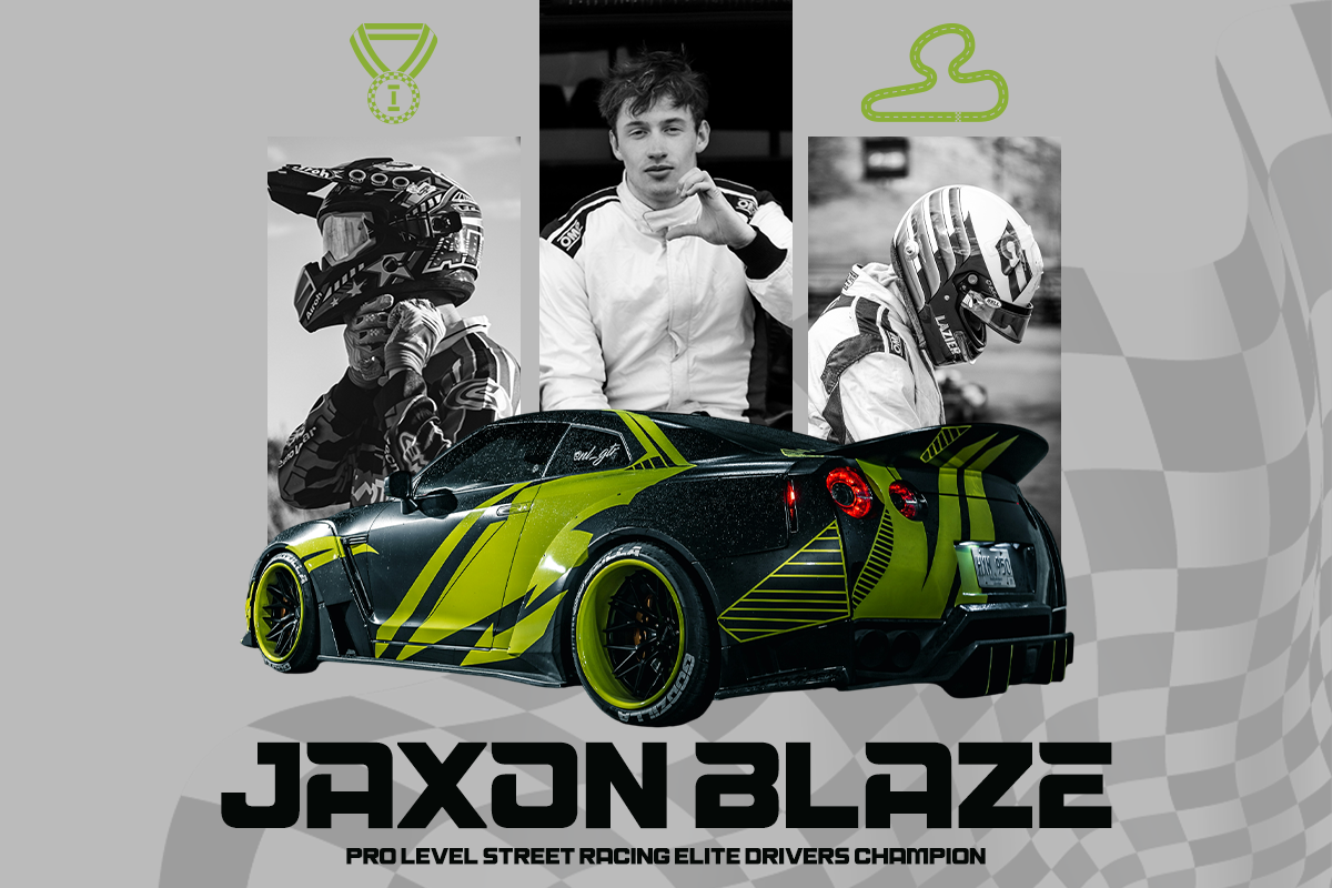 Neon lime racing car with driver portraits, helmet shots, medal icon, checkered background