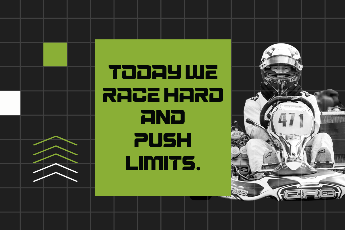 Motocross racer in helmet with motivational text on neon green banner over dark grid