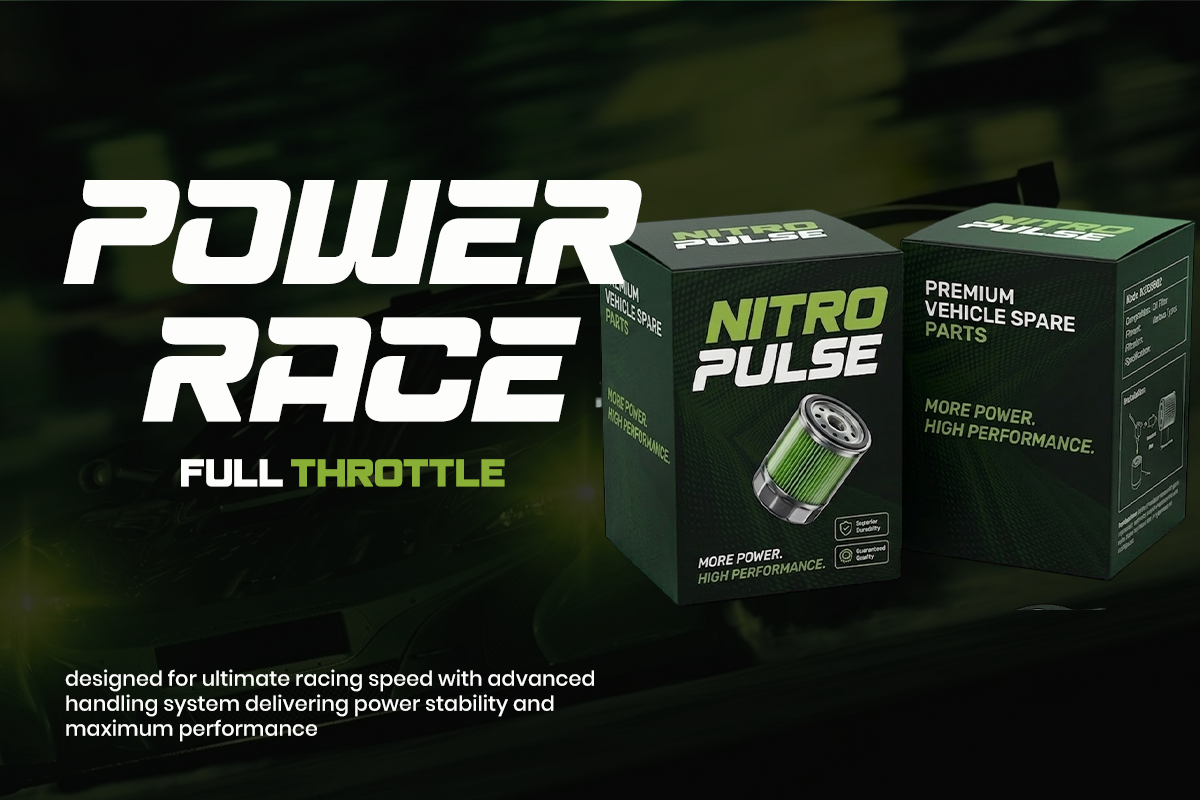 Nitro Pulse car parts packaging mockup with bold white typography on dark green background