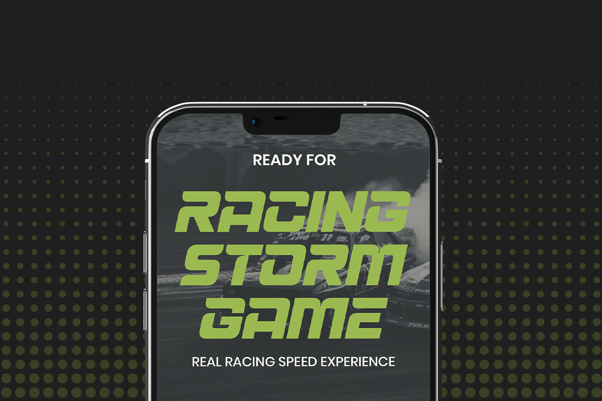 Phone mockup showing bright lime racing game text overlay on dark background