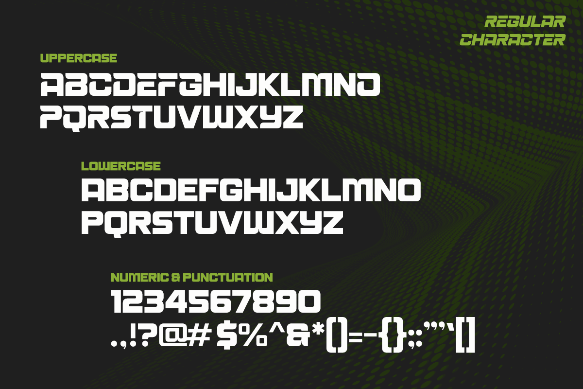 Bold futuristic font with uppercase, lowercase, numbers plus symbols on dark textured background