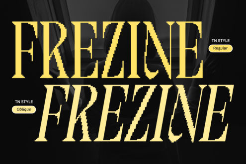 Retro pixel font in bright yellow with regular plus oblique styles shown side by side