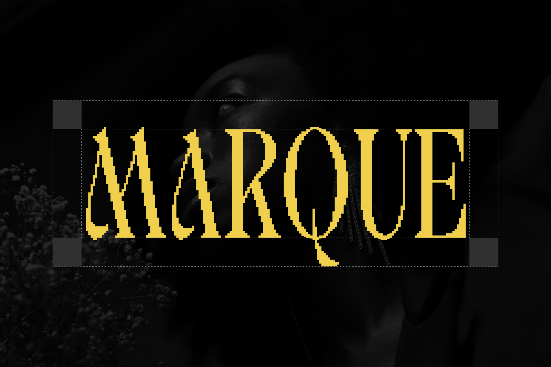 Retro pixel art text overlay reading Maroue in bold yellow serif font on dark moody background